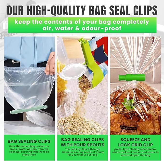 Bag Sealer Clips Mix Pack: 12 Bag Sealer Clips, 4 Squeeze-and-Lock Bread Bag Clips, and 2 Bag Sealing Clips with Pour Spouts – Reusable Food Storage Clips for Airtight Freshness and Spill-Free Storage