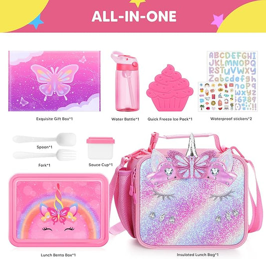 JYPS Unicorn Bento Box for Kids with Insulated Lunch Bag, Lunch box Set with kids water bottle,Sauce Container,Ice Pack,Utensils,Perfect Lunch Container for Girls and Toddlers Back to School Age 7-15