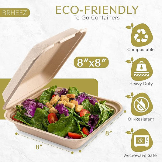 brheez Disposable Clamshell To-Go Containers – Bagasse Fiber Biodegradable Containers with Lids for Takeout, Parties, & Holidays – Pack of 50 Chemical-Free, 1-Compartment Boxes, 8"x8", Natural