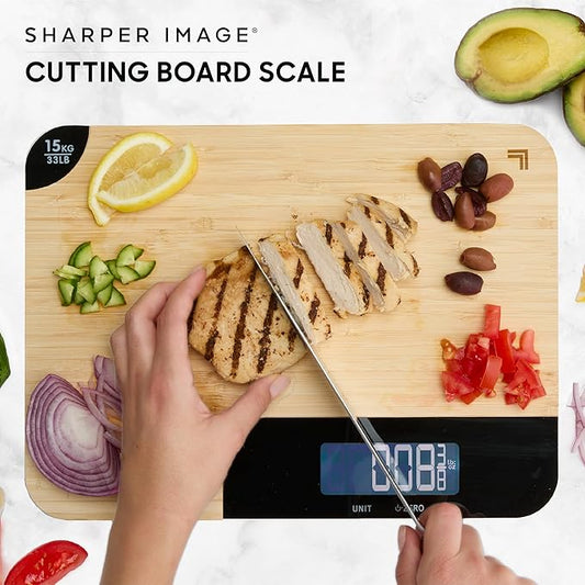Sharper Image® Bamboo Wood Cutting Board & Food Scale – 33 lb Capacity, LCD Displays Grams & Oz| Kitchen Gadget Essential| Nutrition, Portion Control, Meal Prep, Baking, Dieting, Keto, Weight Loss