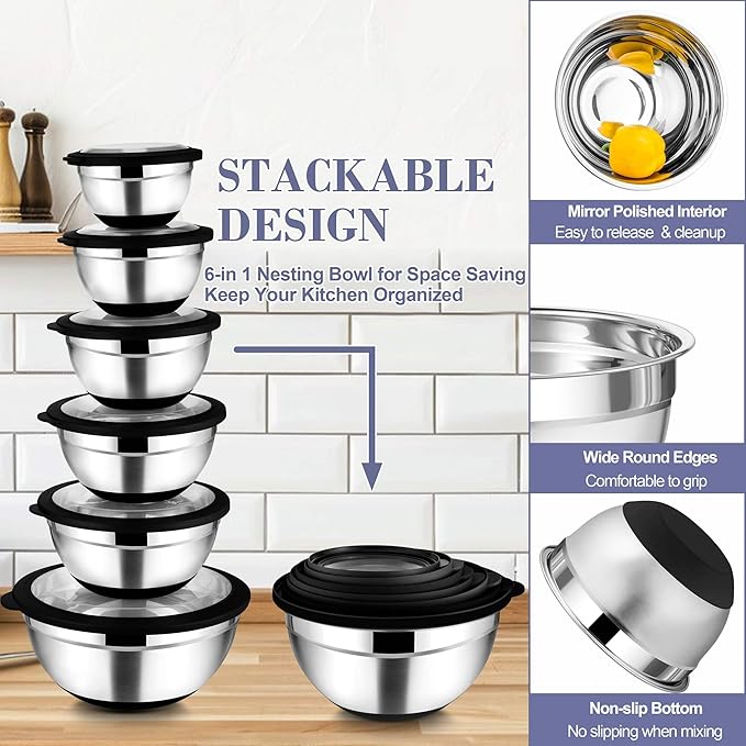 TeamFar Mixing Bowls with Lids Set of 6, Stainless Steel Metal Salad Bowls with Non-Slip Bottom, For Mixing Serving Prepping, Healthy & Heavy Duty, Black,4.6/3.5/2/1.5/1/0.7 QT