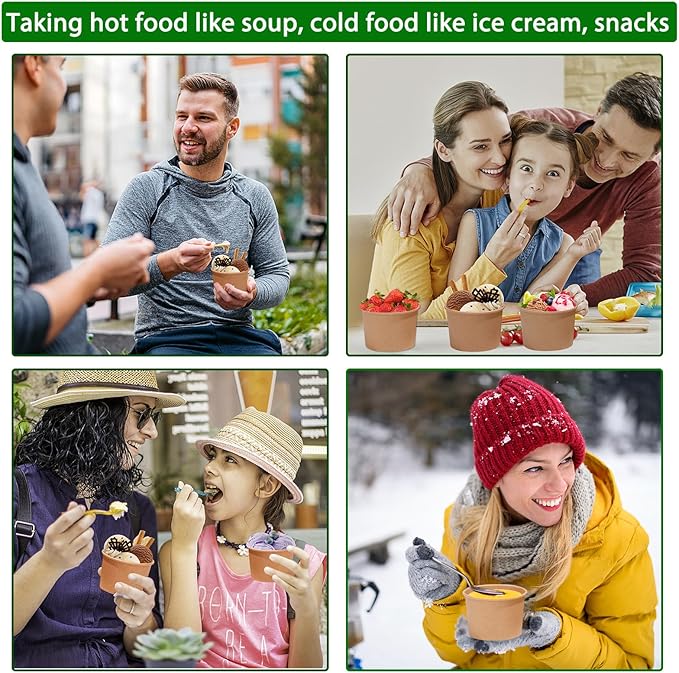 8oz Paper Soup Container Cup with Vented Lids, Disposable Paper Food Container Kraft Dessert Bowl Ice Cream Container Cup, Microwavable and Freezer Safe for Hot Soup, Ice Cream (100 Pcs - Kraft, 8 oz)