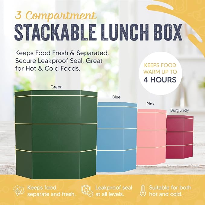 Stainless Steel Stackable Bento Box Adult Lunch Box with Cutlery - Hot/Cold - Separates Ideal Portion Sizes - Reusable Tin Inserts - Dishwasher Safe - Stackable Lunch Container for Adults with Spork