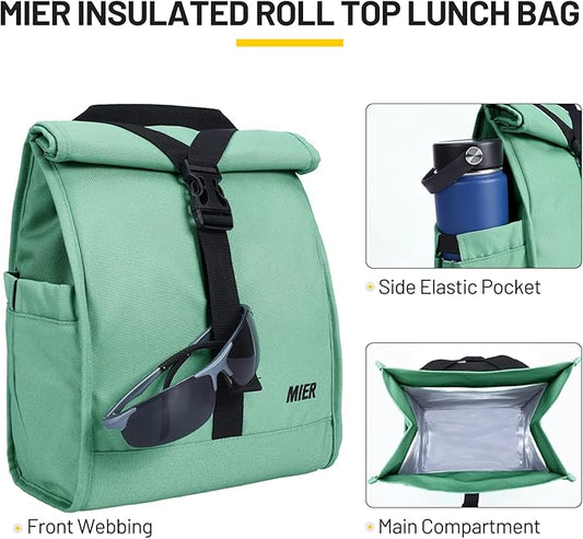MIER Insulated Lunch Bag Roll Top Lunchbox for Women Men Adults Foldable Rolltop Lunch Tote with Shoulder Strap for Work Office Picnic, Water Bottle Holder, Green