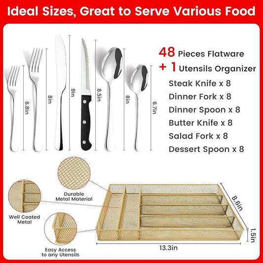 48 pieces Silverware with orgainzer, KITWARE Flatware for 8, Stainless Steel Utensil with metal tray, Home & Kitchen Mirror Polish Cutlery, Dishwasher Safe