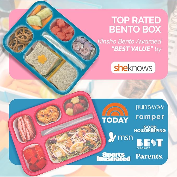 Bento Lunch Box Kids & Adult: Leakproof Containers for Boys & Girls with 6 Compartments - School, Daycare, Meal Planning Portion Control Container, BPA-Free Boxes, Utensils, Blue & Pink Set