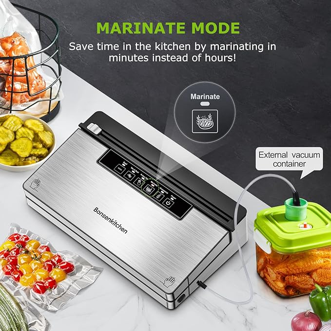Bonsenkitchen Vacuum Sealer Machine, Stainless Steel Food Sealer Vacuum Sealers with 100 Bags & 1 Roll, 5 Food Vacuum Modes, Built-in Cutter & Bag Storage, Climate Pledge Friendly, Black