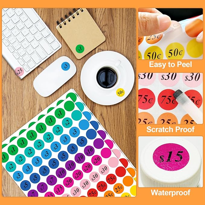 1600 PCS Round Garage Sale Stickers,3/4 Inch Pricemarker Labels, 10 Colours Price Tags,Garage Sale Price Stickers, Price Stickers for Yard Sales, Flea Markets, County Fairs & Retail Use