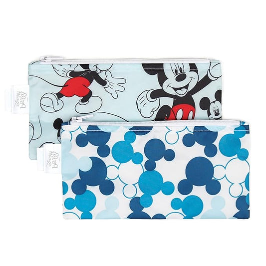 Bumkins Disney Reusable Snack Bags, for Kids School Lunch and for Adults Portion, Washable Fabric, Waterproof Cloth Zip Bag, Supplies Travel Pouch, Food-Safe, 2-pk Mickey Mouse Classic