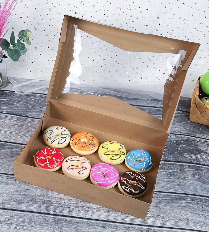 8-PACK Brown Pastry Bakery Box 16x11x2.75inch,Large Donuts,Muffins,Cookies Boxes with Window Auto-Pop up Paper Box Nature Cardboard Take Out Container,Hold 12 Donuts,Pack of 8