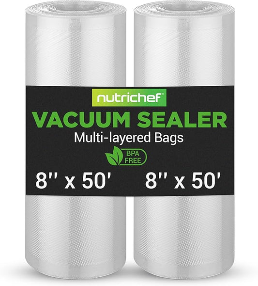 NutriChef Vacuum Sealer Bags 8x50 Rolls 2 pack for Food Saver, Seal a Meal, NutriChef, Weston. Commercial Grade, BPA Free, Heavy Duty, Great for vac storage, Meal Prep or Sous Vide