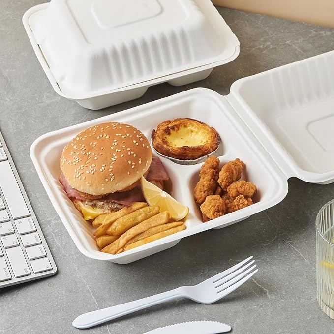 [8X8 3-Compartment 75-Pack Bio Natural Clamshell Take Out Food Containers with Lids, Disposable Bagasse Togo Boxes, Eco-Friendly Biodegradable Made of Sugar Cane Fibers
