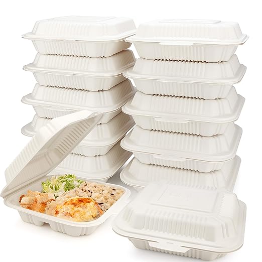 Eco Friendly 3 Compartment 100 Count 8"x8" To Go Food Containers - To Go Containers Disposable, Take Out Food Containers, To Go Boxes for Food, Clamshell Food Container, Heavy Duty To Go Box