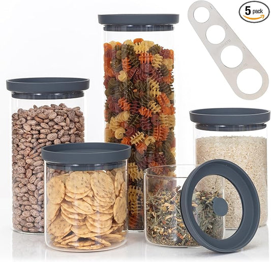 Glass Airtight Food Storage Containers with Silicone and Glass Lids – BPA-Free Jars and Canisters for Pasta Rice Flour, Dry or Wet Foods, Pantry Meal Prep – Set of 5 with Portion Tool