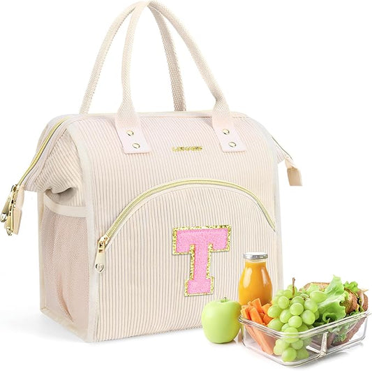 Personalized Initials Lunch Box for Women& Men, Preppy Reusable 10 L Insulated Lunch Bag, Leakproof Large Tdults lunch tote Cooler Bags Insulated for Beach,Travel,Work, Picnic-Birthday Gifts（Beige T）