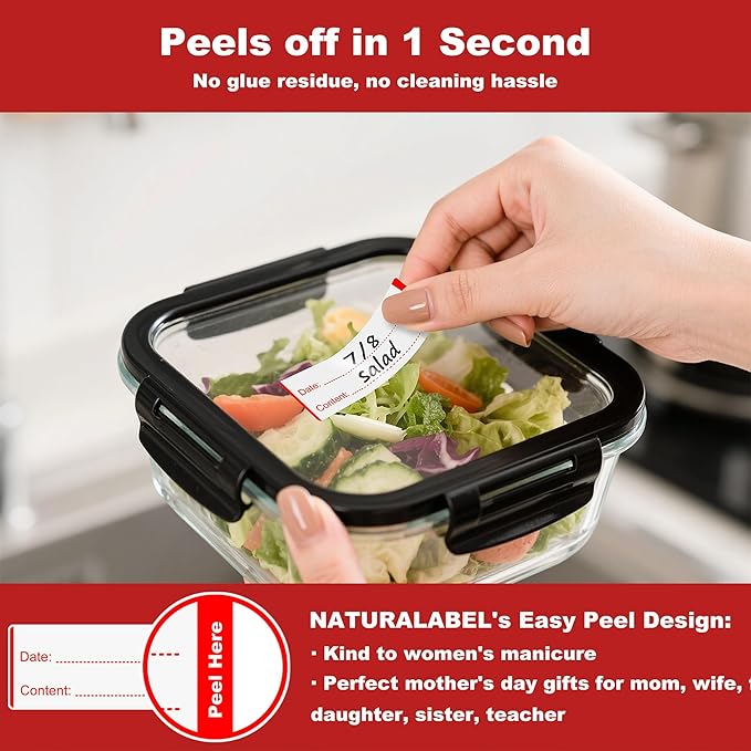 NATURALABEL 300 PCS Removable Freezer Labels with Dispenser - 1" x 3" Food Labels for Meal Prep Containers & Pantry Organizers, Easy Peel-Off Design, No Residue (Red)