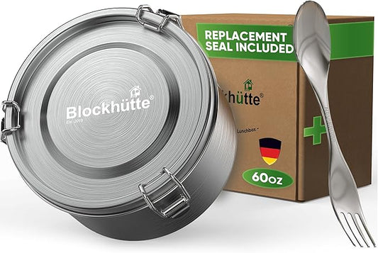 Blockhütte Stainless Steel Salad Container for Lunch 60oz, Leakproof Metal Food Storage Containers with Lids, Stainless Steel Lunch Box for Adults with Spork, Bento Box Metal BPA Free