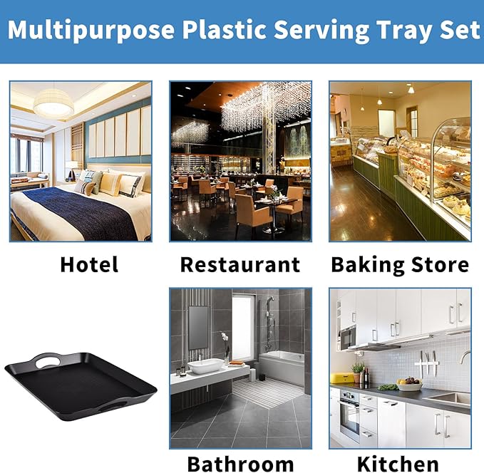 Plastic Tray with Handles, 2 Pack Multi-Purpose Rectangular Non Slip Restaurant Serving Trays Set for Parties, Coffee Table, Kitchen (12.2x16 inch)