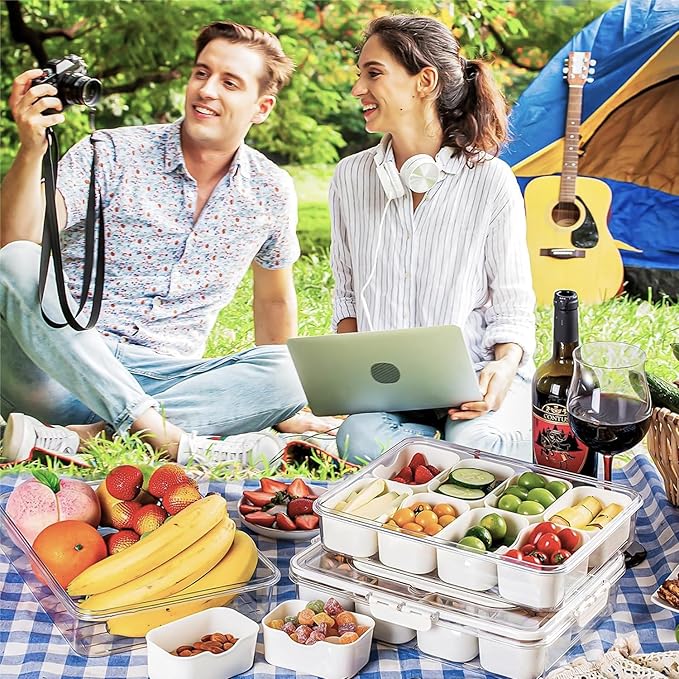 Snackle Box Container, Premium 2-Pack Divided Serving Tray & Lid with 8 Compartments, Durable Snackle Boxes for Travel & Parties – Snack box container, Perfect for Treats & Gifts (PET)