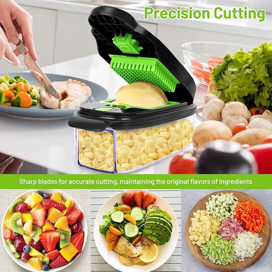 Vegetable Chopper with Large Container, 16-in-1 Multifunctional Food Chopper with 7 Blades, Mandoline Slicer Dicer Cutter for Kitchen, Grater Veggie (Green/Black)