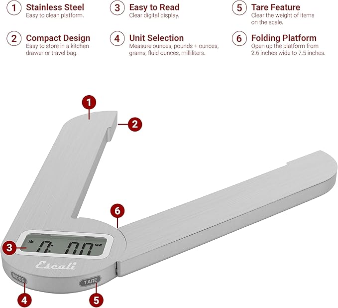 Escali F115 Compact Kitchen Scale, 11 lb/5 kg, Stainless Steel