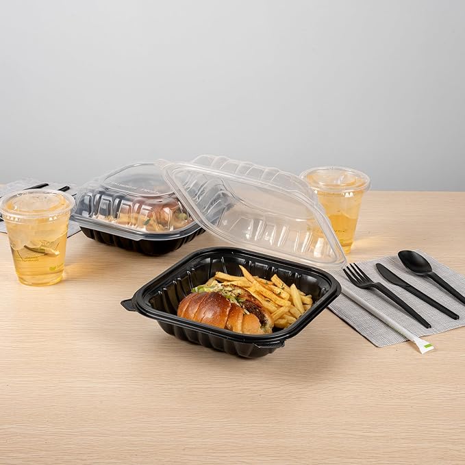 Restaurantware Thermo Tek 34 Ounce Clamshell Containers, 100 Disposable Take Out Boxes - Ventilated Lids, Microwavable, Black Plastic Meal Prep Containers, For Pastas, Salads, Or Sandwiches