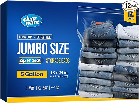 12 Large Storage Bags With Zipper Top - 5 Gallon Bags 18" x 24", Extra Large Plastic for Clothes, Travel, Moving, Large Reusable freezer bags, BPA-Free, 2-mil Thick