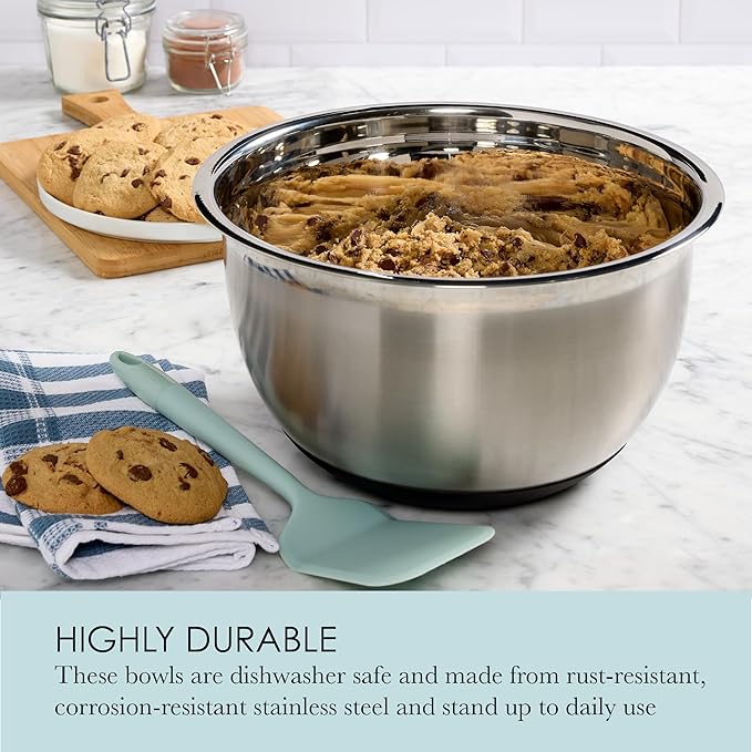 Chicago Metallic Stainless Steel Soft Base Bowls, Versatile Nesting Mixing Bowls for Every Kitchen Task, Set of 3