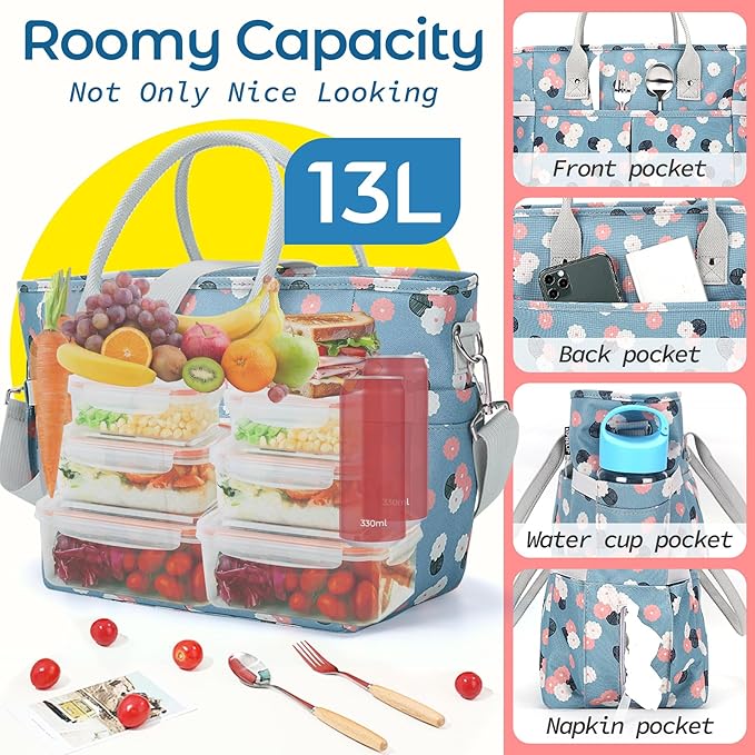 KIPBELIF Cute&Classy Roomy Insulated Lunch Bags for Women - Stylish & Functional Large Tote Adult Lunch Box for Working & Picnic