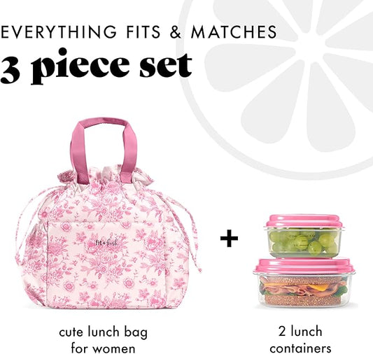 Fit & Fresh Lunch Bag For Women, Insulated Womens Lunch Bag For Work, Stain-Resistant Large Lunch Box For Women With Containers, Cinch Closure Cromwell Bag, Pink FloralToile