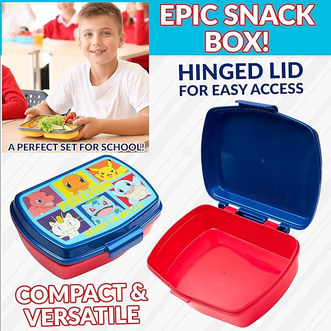 Pokemon Kids Insulated Lunch Bag, Lunch Box and Water Bottle, 3 Piece Set (Red/Blue)