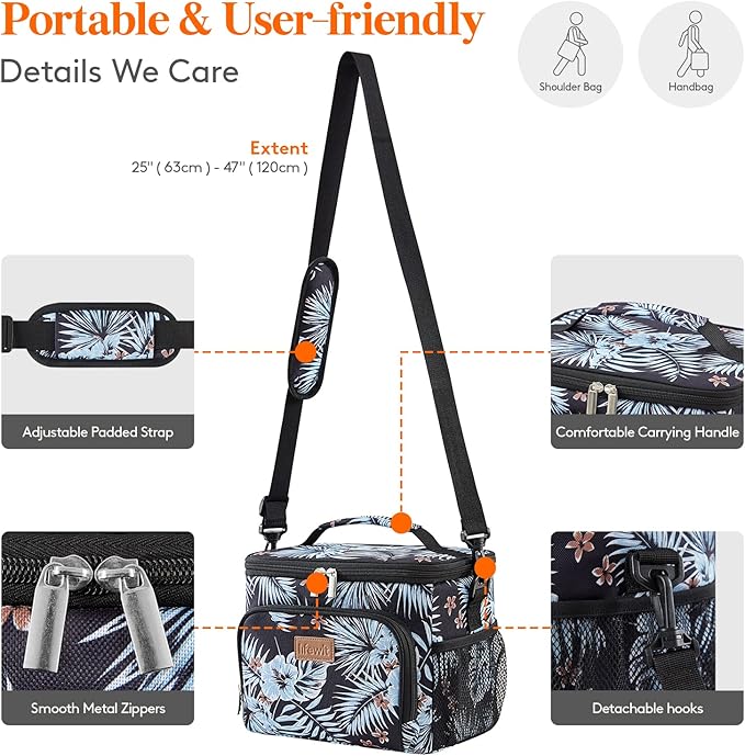 Lifewit Reusable Insulated Lunch Bag for Men, Lunch Box Women, Portable Cooler Freezable Soft Lunchbox Leakproof with Adjustable Shoulder Strap for Adult for Work Picnic or Travel, Flower 9L