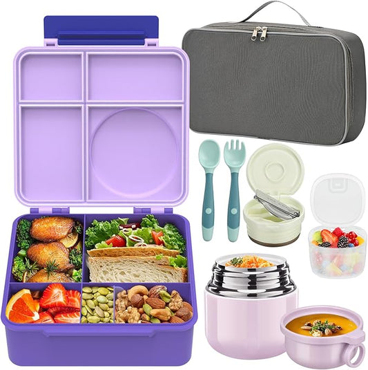 Bento Lunch Box for Kids with 12oz Soup Thermo, Leak-Proof Lunch Containers with 5 Compartments, Insulated Lunch Bag, Thermo Hot Food Jar with Spoon for Kids to School, Travel, Purple