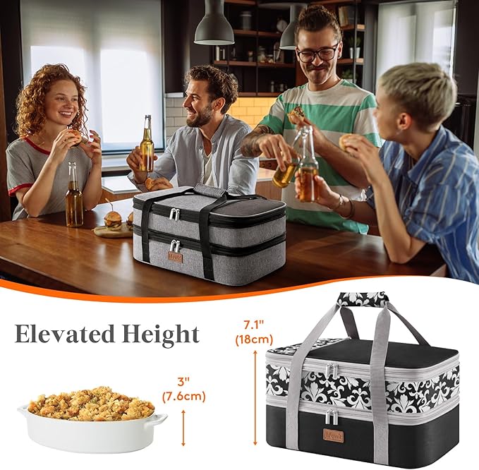 Lifewit Expandable Insulated Casserole Carrier for Hot or Cold Food, Double Decker Food Bag Lasagna Holder Carry Tote for Potluck Parties/Picnic/Cookouts, Fits 9"x13" Baking Dish, Black-Flowers