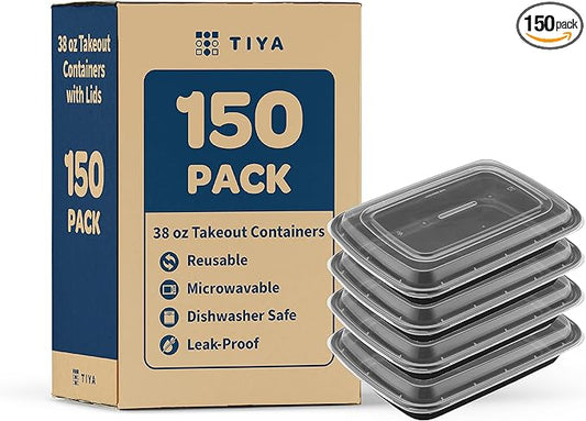 TIYA Takeout Food Containers - 38 oz Bulk 150 Pack with Lids - Rectangular Plastic To-Go Containers - Reusable, Microwavable, Dishwasher Safe - Leak-Proof for Meal Prep & Restaurants - BPA-Free