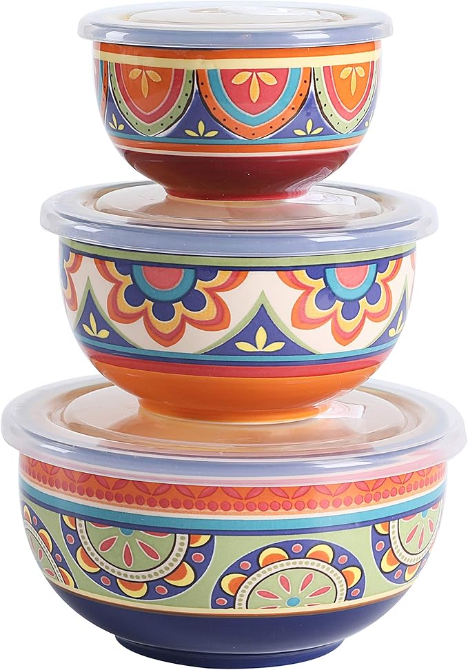 Bico Tunisian Ceramic Bowl with Air Tight Lid Set of 3(27oz, 18oz, 9oz each), Prep bowls, Food Storage Bowl for Salad, Snacks, Fruits, Microwave and Dishwasher Safe