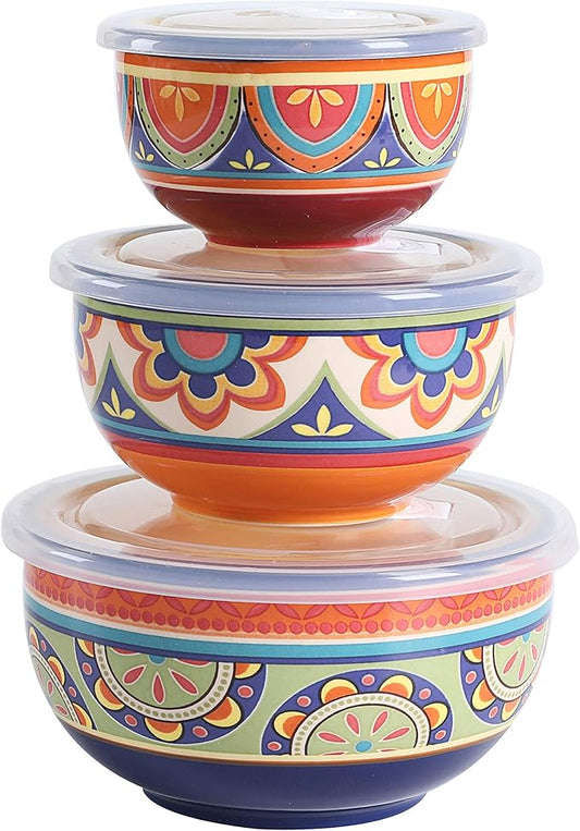 Bico Tunisian Ceramic Bowl with Air Tight Lid Set of 3(27oz, 18oz, 9oz each), Prep bowls, Food Storage Bowl for Salad, Snacks, Fruits, Microwave and Dishwasher Safe