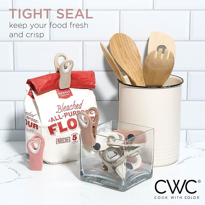 COOK WITH COLOR Bag Clips with Magnet- Food Clips, Chip Clips, Bag Clips for Food Storage with Airtight Seal Grip for Bread Bags, Snack Bags and Food Bags (Beige and Pink, Pack of 10)