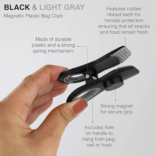 COOK WITH COLOR Bag Clips with Magnet- Food Clips, Chip Clips, Bag Clips for Food Storage with Airtight Seal Grip for Bread Bags, Snack Bags and Food Bags (Black, Pack of 20)