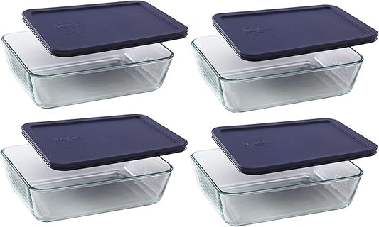 Pyrex 6-cup 7211 Rectangle Glass Food Storage Containers with Blue Plastic Lids - 4 Pack Made in the USA