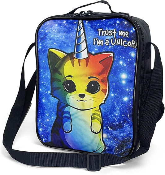 Insulated Lunch Bag for Kids, Boys Girls Lunch Box, Cute Cat Lunch Bag with Shoulder Strap, School Bento Lunch Box for Kids Toddlers Teens, Aesthetic Black Reusable Cooler Thermal Meal Tote Kit