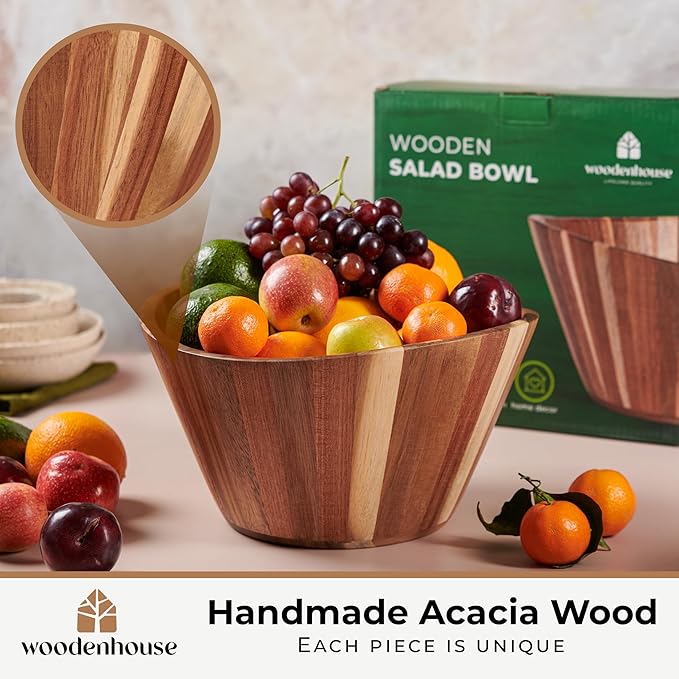 Wooden Salad Bowl, Wooden Bowl, Fruit Bowl - 12" Wavy Large Salad Bowl for Serving, Handmade, Durable and Stylish Natural Wood Dining Accessory by Woodenhouse
