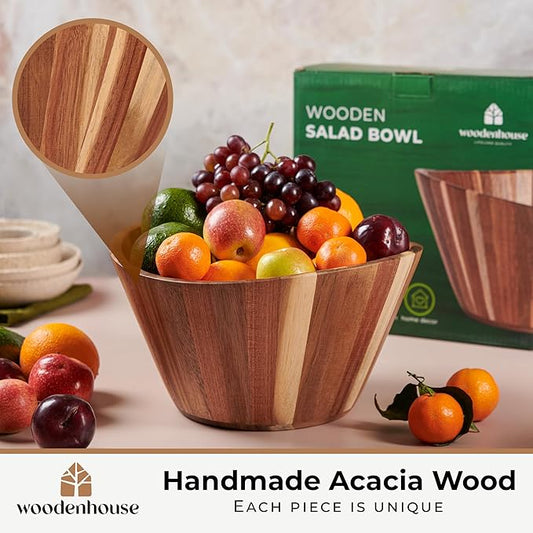 Wooden Salad Bowl, Wooden Bowl, Fruit Bowl - 12" Wavy Large Salad Bowl for Serving, Handmade, Durable and Stylish Natural Wood Dining Accessory by Woodenhouse