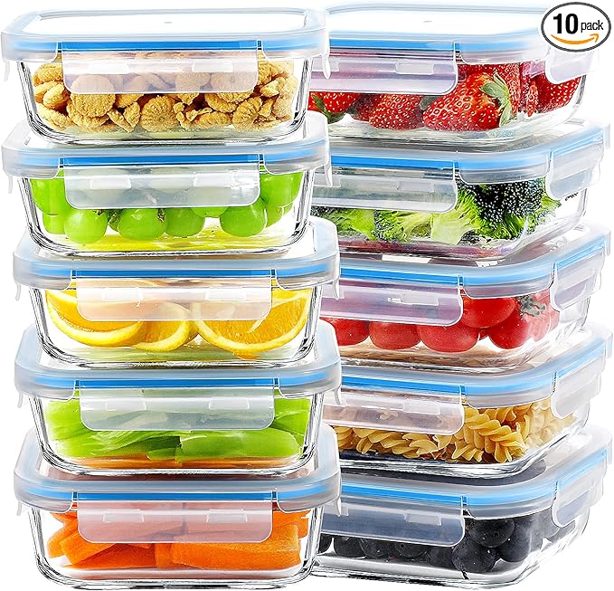 BAYZZ Glass Meal Prep Containers, 10 Packs 22 oz Airtight Glass Food Storage Containers with lids, Glass Lunch Containers, Microwave, Oven, Freezer & Dishwasher Safe, Blue