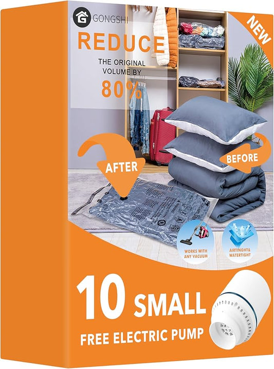 10 Small Vacuum Storage Bags with Electric Pump, Space Saver Bag for Clothes, Mattress, Blanket, Duvets, Pillows, Comforters, Travel