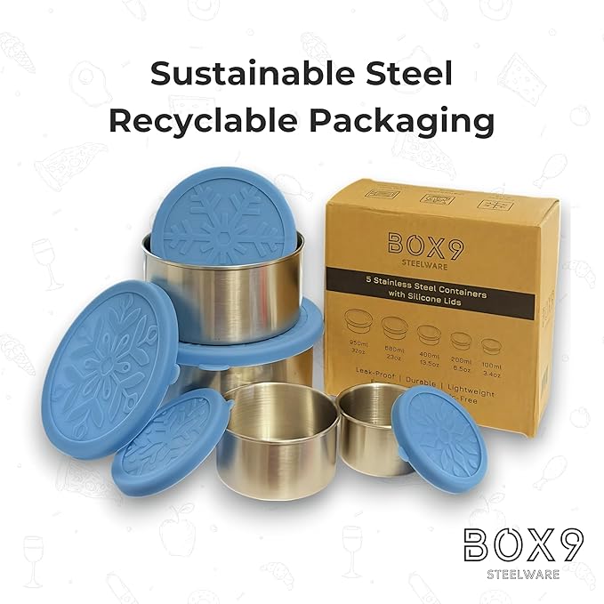 Stainless Steel Containers with Lids - Leak Proof BPA Free | Easy Open Silicone Lids | Meal Prep, Snacks, Lunch for Kids & Adults (32oz/23oz/13oz/6oz/3oz)