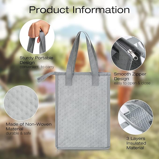 15 Pieces Insulated Lunch Bags Cooler Lunch Tote Bag Bulk with Zipper Thermal Leakproof Lunch Bags for Women Men Work Office School Travel Picnic(Grey)