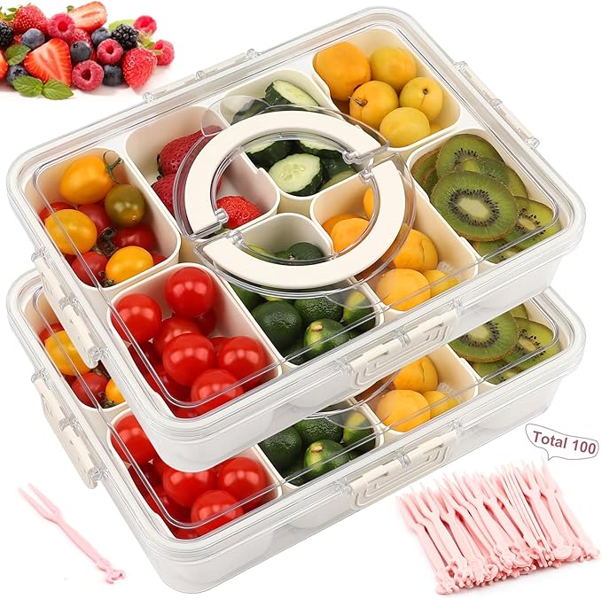 Divided Snackle Box Charcuterie Container with Lid and Handle, Portable Snack Serving Tray with 8 Compartments for traveling, Party, Fruit, Nuts, Candy, Entertaining, Picnic, 2 Pack