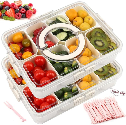 Divided Snackle Box Charcuterie Container with Lid and Handle, Portable Snack Serving Tray with 8 Compartments for traveling, Party, Fruit, Nuts, Candy, Entertaining, Picnic, 2 Pack
