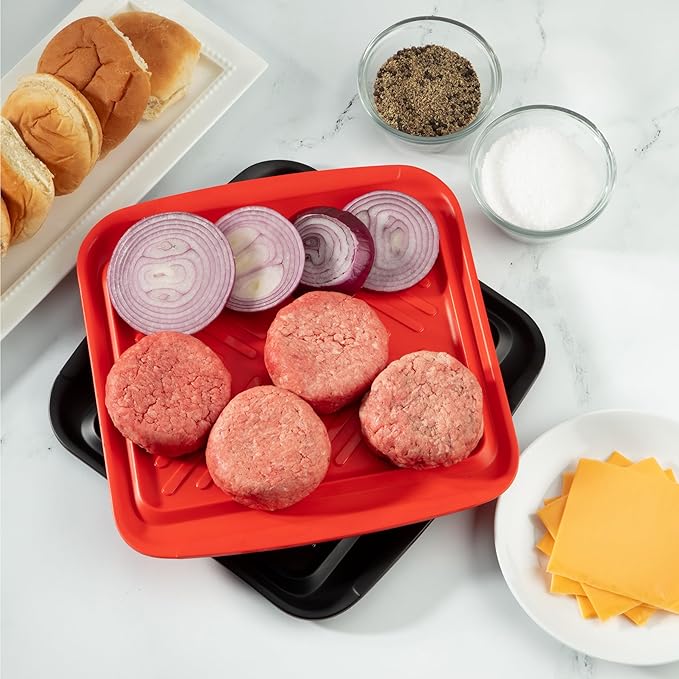 Cuisinart Grilling Prep & Serve Trays, 10.5x10.5 inch Small BBQ Tray Safe for Food Handling, 2 Dishwasher Safe Nesting Trays Black & Red, Perfect Grilling Tray for Cooked & Raw Meat, Fits 4 Burgers